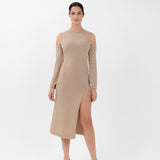 Off-the-Shoulder Cashmere Midi Dress in Camel