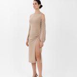 Off-the-Shoulder Cashmere Midi Dress in Camel