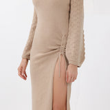 Off-the-Shoulder Cashmere Midi Dress in Camel
