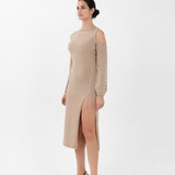 Off-the-Shoulder Cashmere Midi Dress in Camel