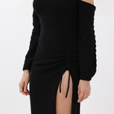Off-the-Shoulder Cashmere Midi Dress in Black